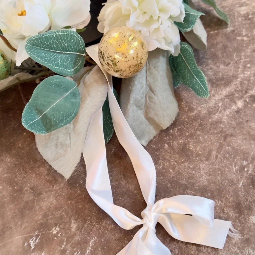 Spring Wreath or Candle Ring Centerpiece Greenery & Pastel Easter Eggs & Flowers
